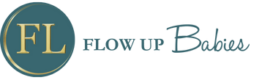 Flow Up Babies logo, cercle bleu avec un croissant dorée et les lettres F et L en dorées. Ecriture du nom en bleu.