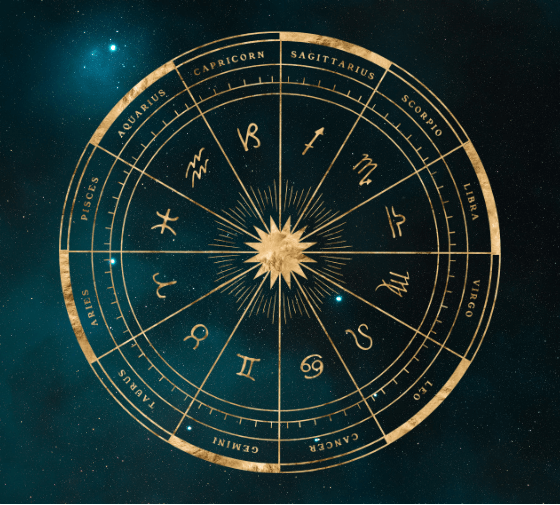 Image d'une roue astrologique sur un fond bleu foncé nébuleux