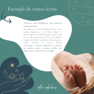 Image de contenu du carnet virtuel Astro Baby. Le fond est vert est composé de forme organique blanche et bleu foncé. On y voit une photo de pied de bébé, une icône de planète organique et des icônes d'astres.